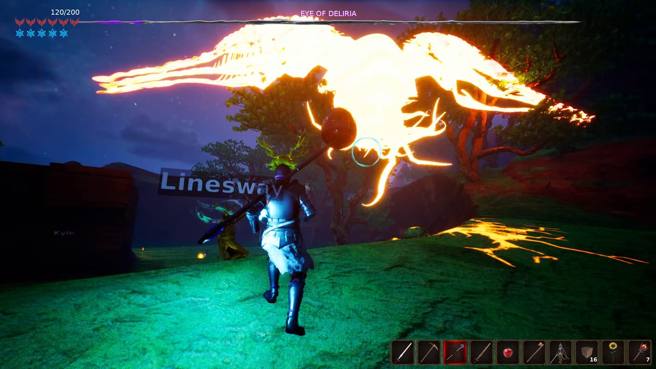 Armored player fighting the Eye of Deliria boss in a night forest