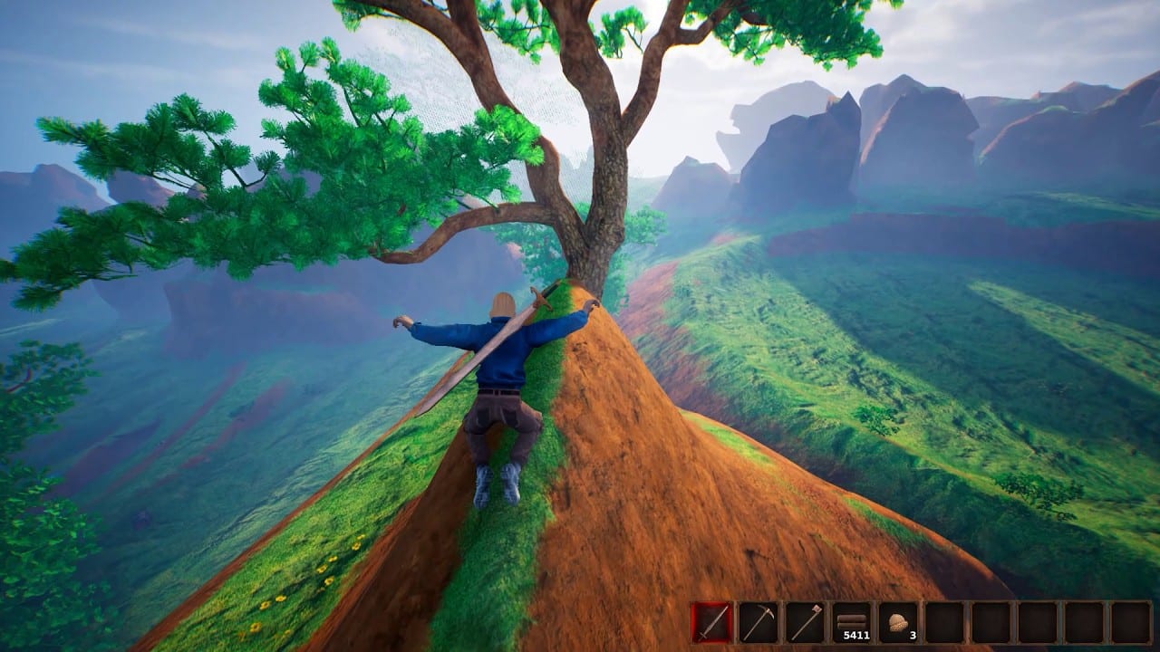 Player standing on a carved hillside overlooking green valleys in Deliria